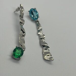 Modernist Mismatched Gemstone Drop Earrings - Silver Tone, Green & Blue